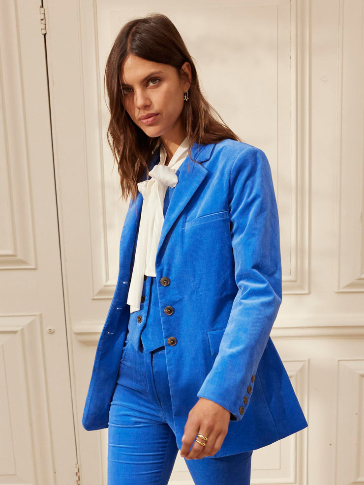 Sophisticated & smart - get suited & booted this season with this electric blue corduroy Yolke jacket. Collagerie.com