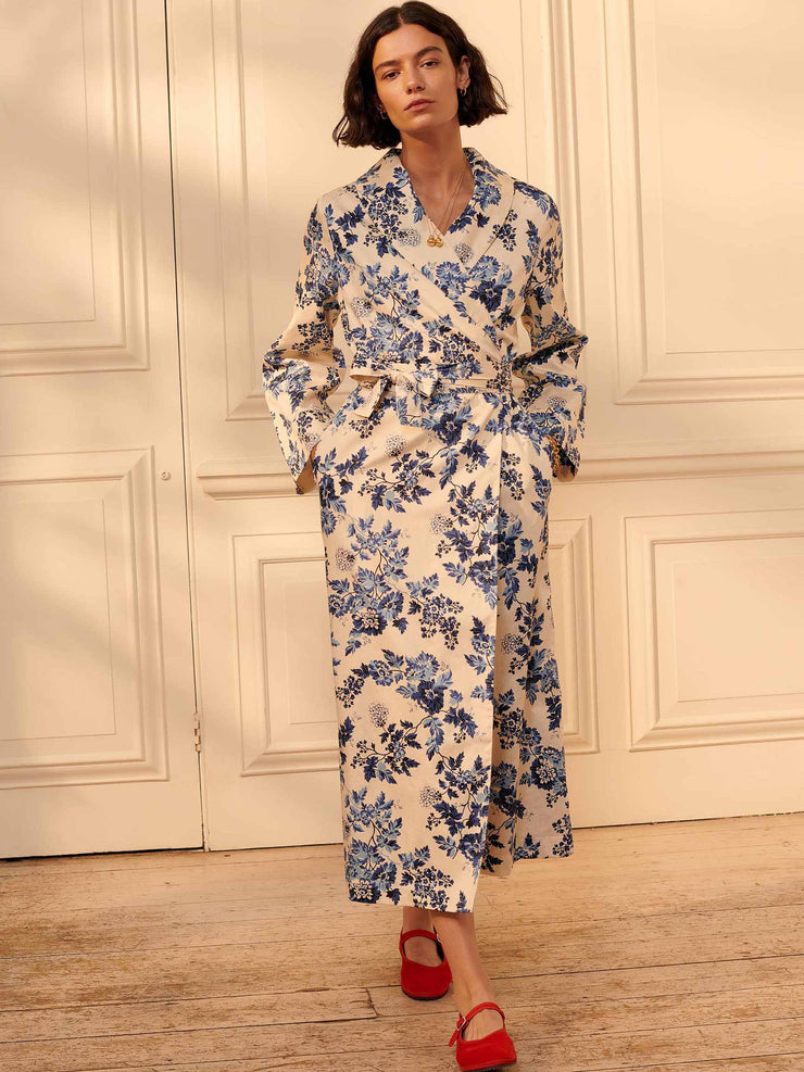 Blue and white floral cotton dressing gown