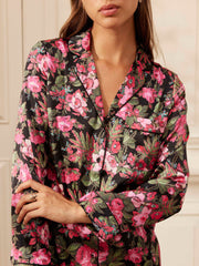 Classic silk Yolke pyjamas in romantic dark floral print cut in stretch silk. Made for ultimate indulgence and the perfect nights sleep. Collagerie.com