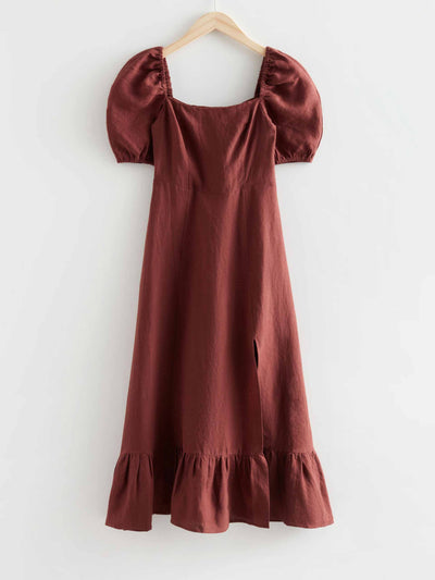 & Other Stories Brown linen puff sleeve midi dress at Collagerie