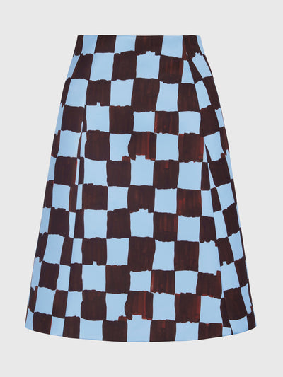 Emilia Wickstead Chocolate brown and blue checkerboard Ashling skirt at Collagerie