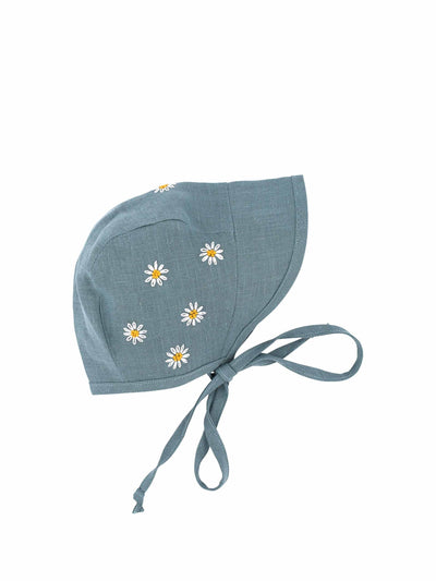 Mamma Bear Baby Bonnets Hand embroidered blue capped linen baby bonnet at Collagerie