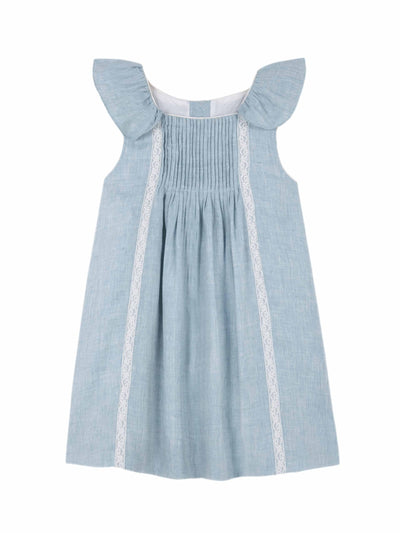 baboushkini Blue lace pleated linen dress at Collagerie