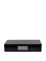 Beautiful lacquered black jewellery box by Addison Ross. Features a silver plated clasp and matching hinges and lined in cream suede | Collagerie.com