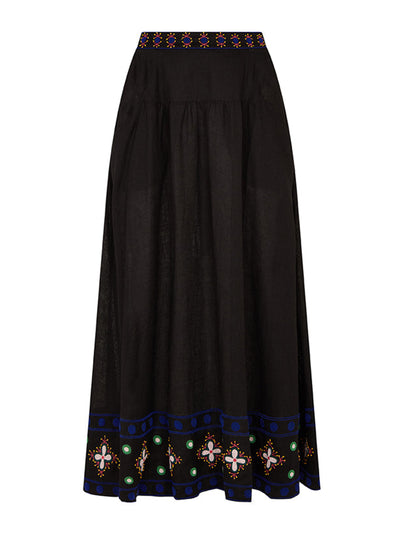 Saloni Della B skirt in black with geo flower embroidery at Collagerie