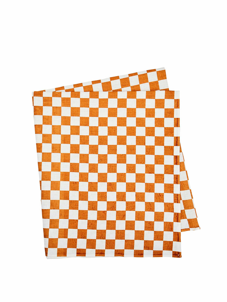 Orange and white checkered linen table cloth