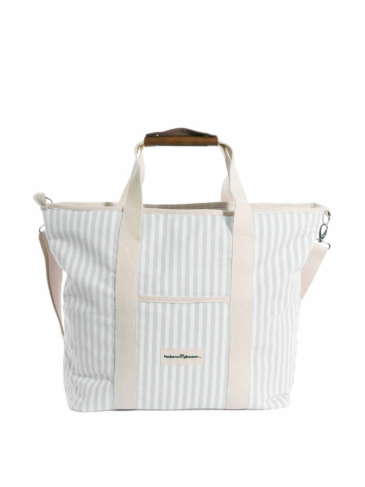 Blue and white striped tote cooler bag