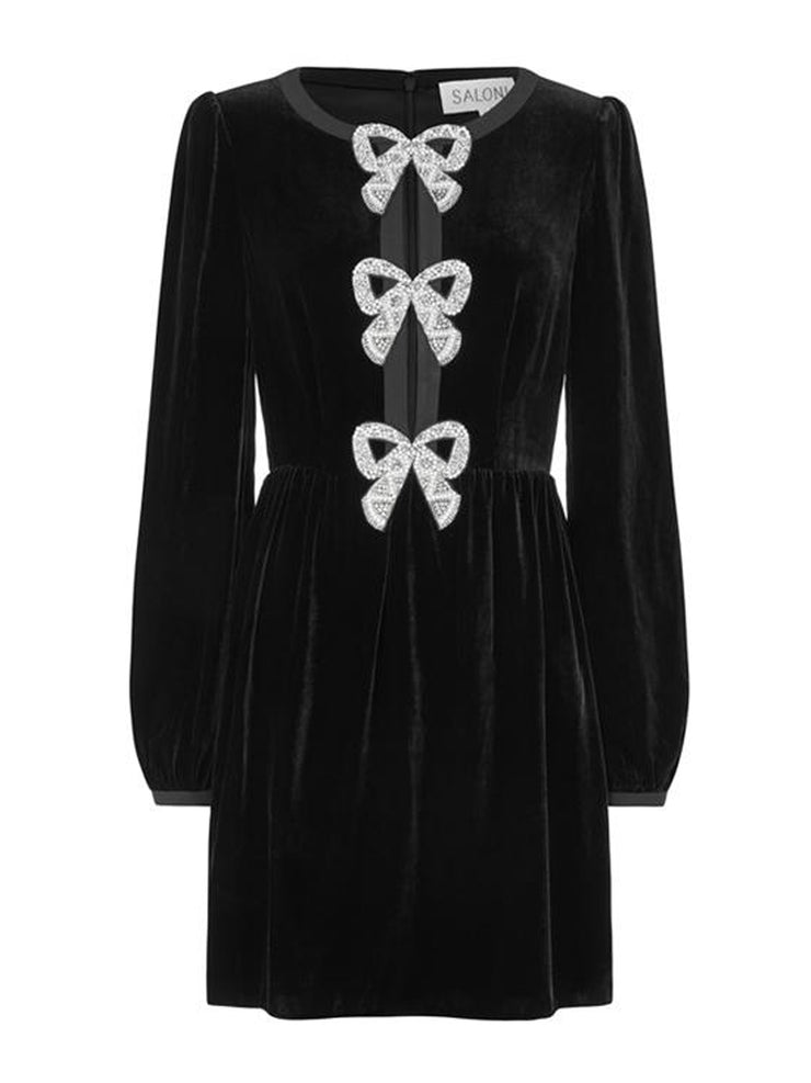 Camille velvet embellished bows mini dress in black