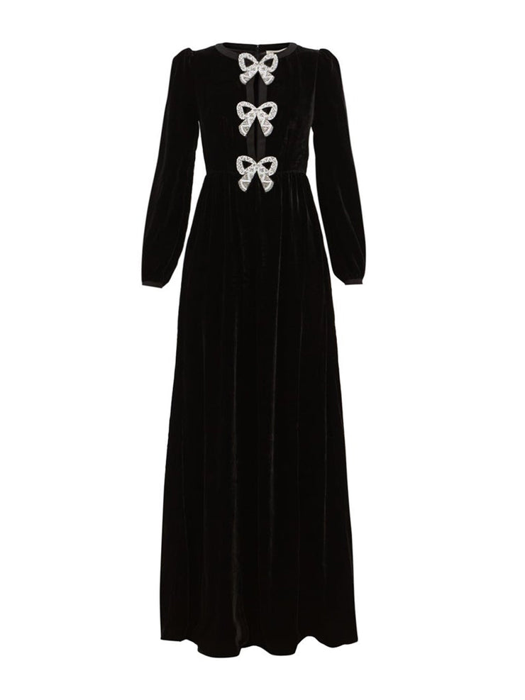 Camille velvet embellished bows dress in black