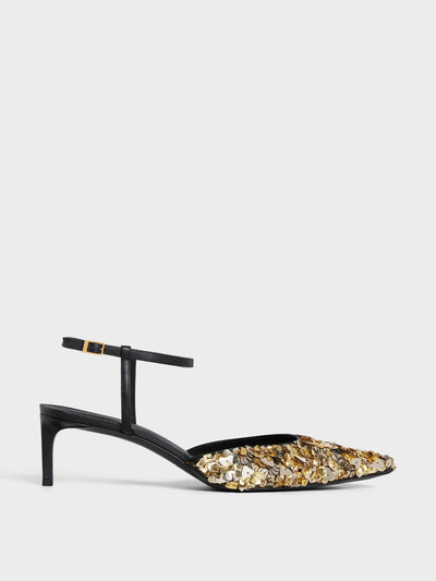 Celine Gold sequinned kitten heels at Collagerie