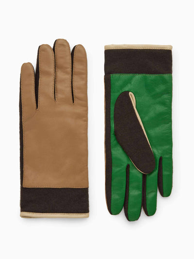 Cos Brown and green colour-block gloves at Collagerie