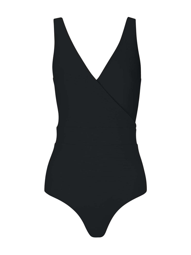 The Ashley black swimsuit by Cossie + Co. V-neck and wrap style. Perfect for summer vacations. 