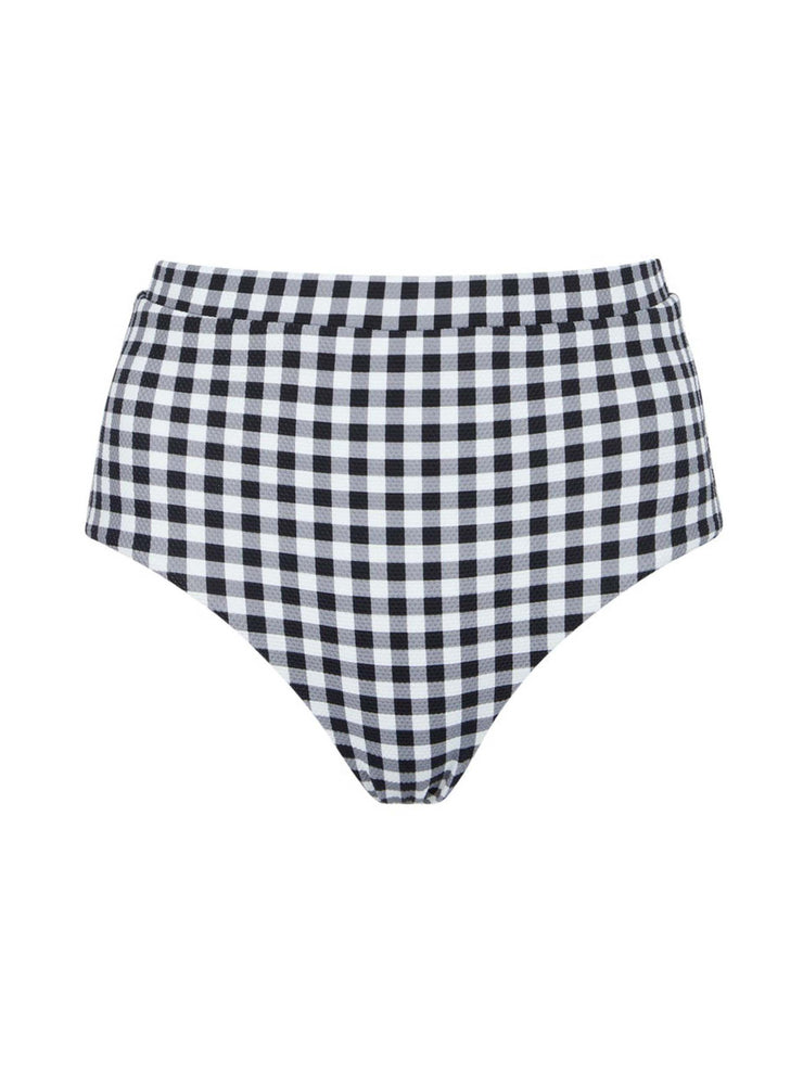 The classic high waisted bikini bottom is back. The Lucinda black gingham high-rise brief by Cossie + Co is perfect for a chic summer wardrobe. 