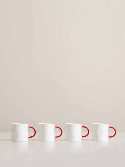 Feldspar White espresso cups with red handles (set of four) at Collagerie