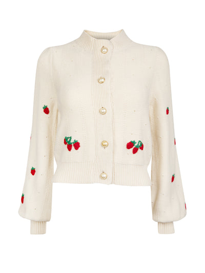 Beulah London Cream strawberry embroidered cardigan at Collagerie