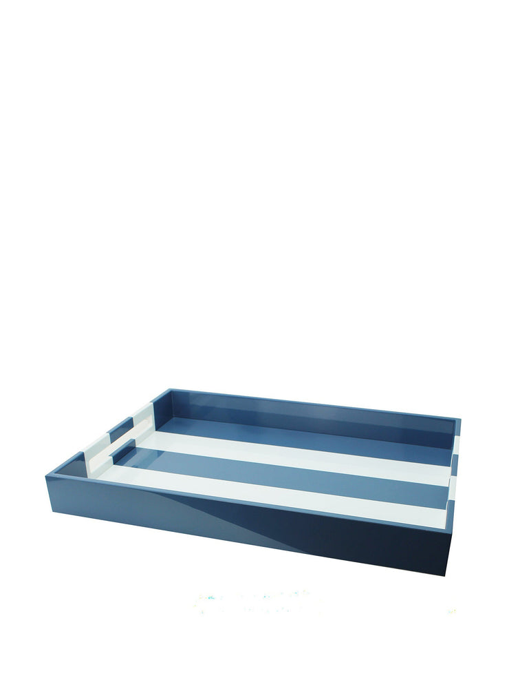Striped white and dark denim blue tray by Addison Ross. Finished in high gloss lacquer with a cream velvet base | Collagerie.com