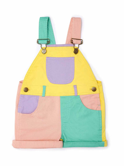 dotty dungarees Pastel colour block denim short dungarees at Collagerie