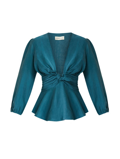 Casa Raki Martina blue linen knotted blouse at Collagerie