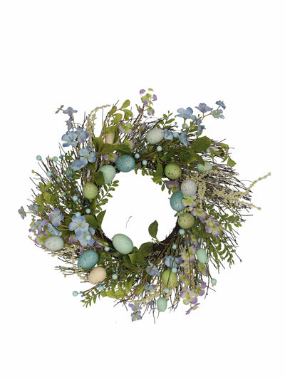 Ella James Blue and green Easter floral egg wreath at Collagerie