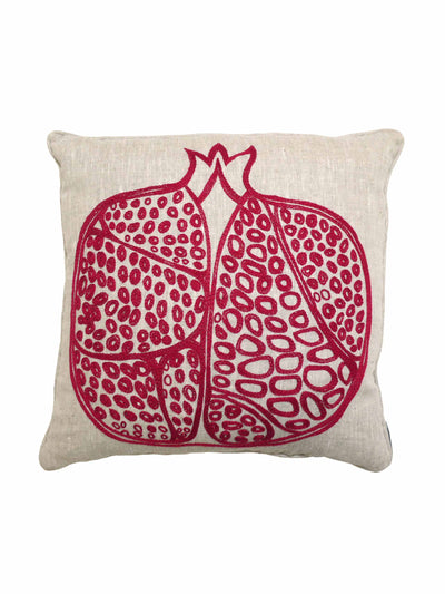 Fine Cell Work Pomegranate embroidered linen cushion at Collagerie