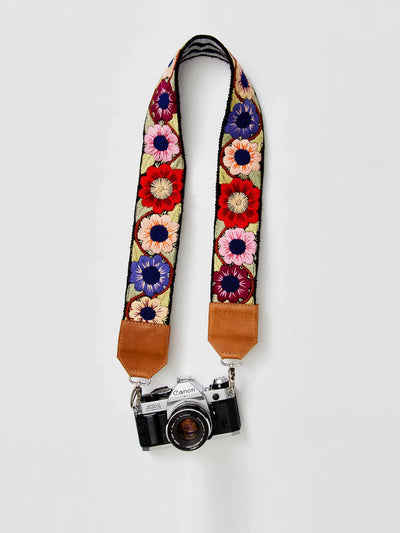 Hiptipico Floral embroidered leather camera strap at Collagerie