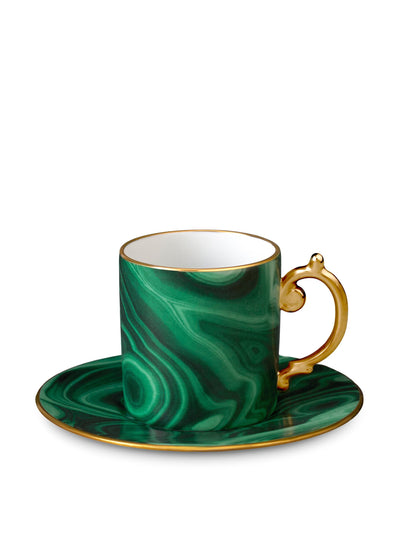 L'Objet Malachite espresso cup and saucer with gold-plated details at Collagerie