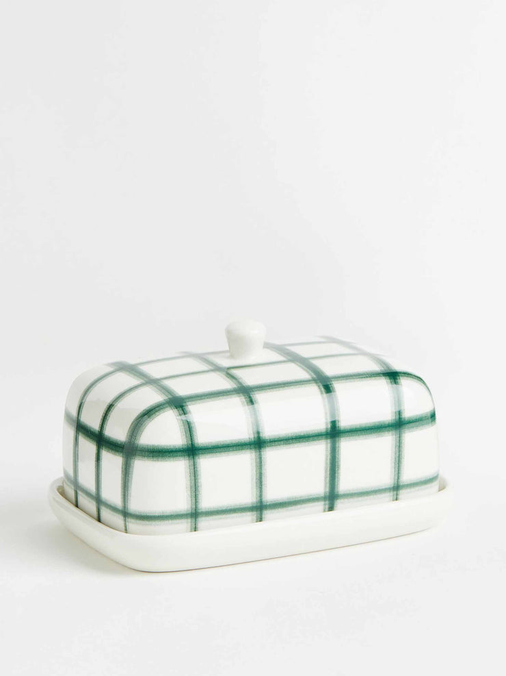 Checked porcelain butter dish