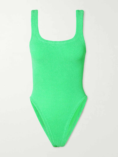 Hunza G Open-backed neon green seersucked swimsuit at Collagerie
