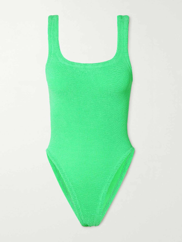 Open-backed neon green seersucked swimsuit