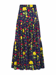 Billie navy, yellow and red maxi floral print skirt by Borgo de Nor. Made from 100% cotton and has a cascade of gathered tiers | Collagerie.com