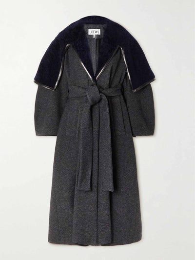 Loewe Belted leather-trimmed wool-blend twill and shearling coat at Collagerie