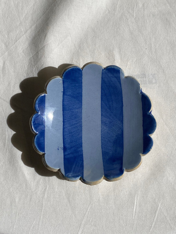 Dark and light blue striped scalloped trinket dish