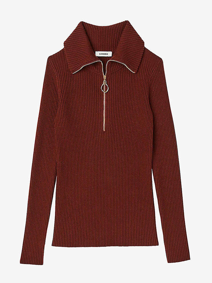 Zipped-neck ribbed jumper