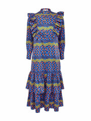 Baxley orange, yellow and blue flower printed 100% cotton midi dress by Borgo de Nor. A collarless shirt floral print dress with a ruffled bib | Collagerie.com