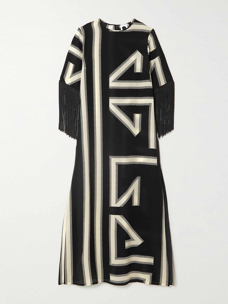 Fringed printed silk crepe de chine maxi dress
