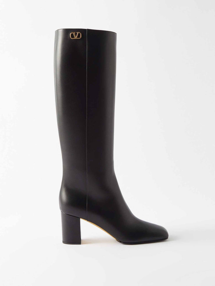 V-logo leather knee-high boots