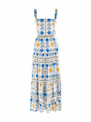 Daniela yellow, blue and white cotton midi dress by Borgo de Nor. 100% cotton square neckline dress with peony flower print | Collagerie.com