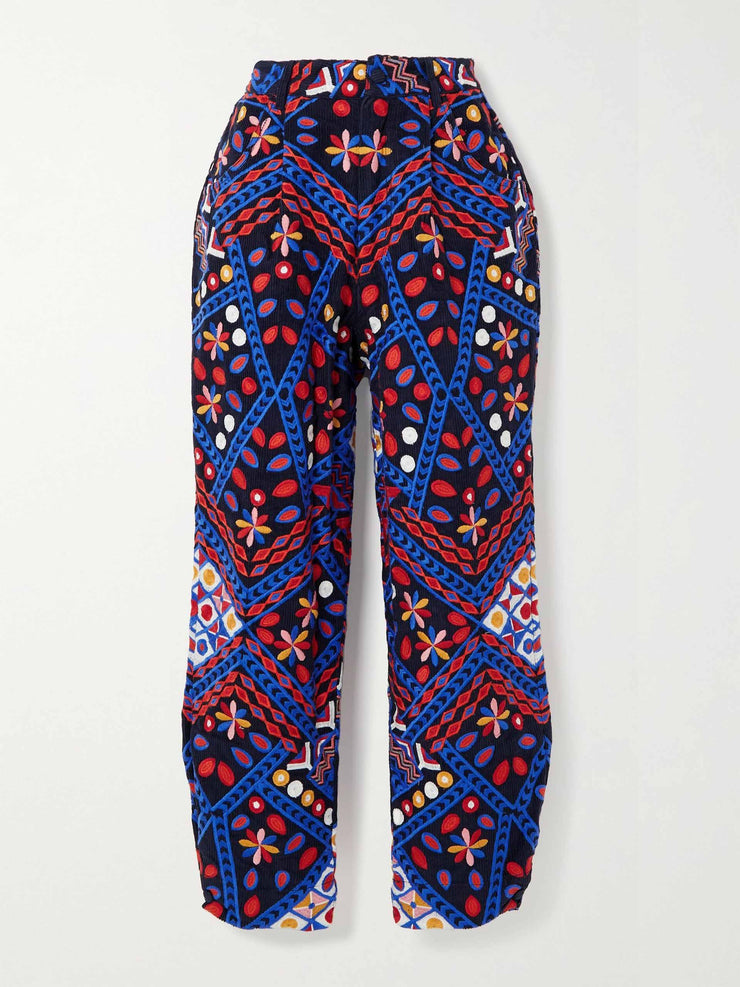 Embroidered cotton-corduroy straight-leg pants
