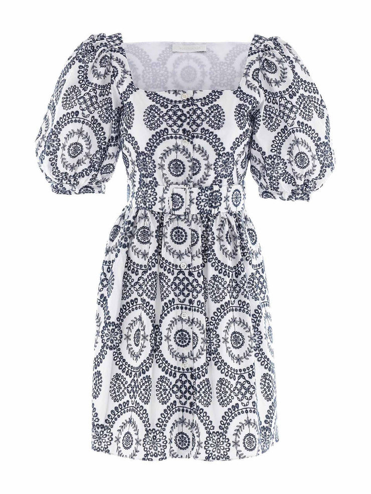 Dominique navy and white broderie anglaise mini dress by Borgo de Nor. Black and white print mini dress with puffed sleeves for the evening | Collagerie.com