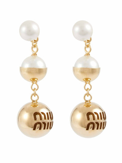 Miu Miu Faux perla drop earrings at Collagerie