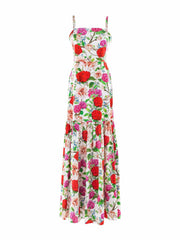 Cordelia white multi floral maxi dress by Borgo de Nor. Square neckline white dress with pink and red rose and peony print | Collagerie.com
