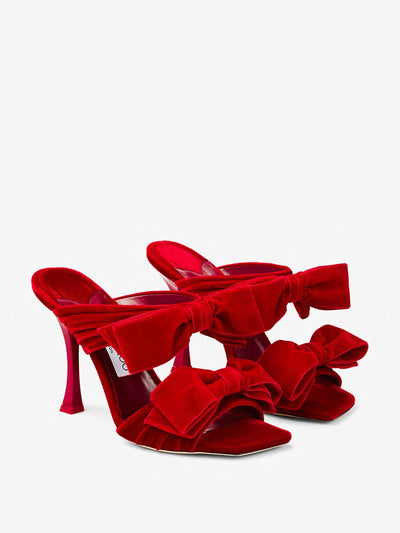 Jimmy Choo Red velvet sandals with bows at Collagerie