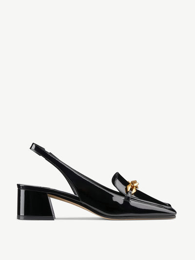 Jimmy Choo Tilda patent leather slingback pumps with chain embellishment at Collagerie