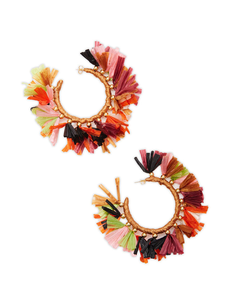 Rainbow raffia hoop earrings