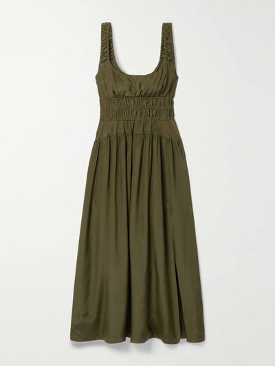 La Ligne Khaki shirred silk midi dress at Collagerie