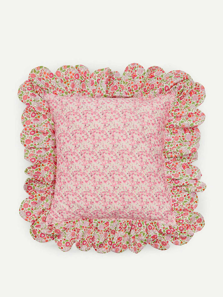 Pink flower printed scalloped frill edge cushion