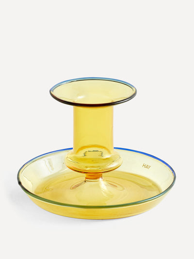Hay Flare glass yellow candle holder with blue rimming at Collagerie