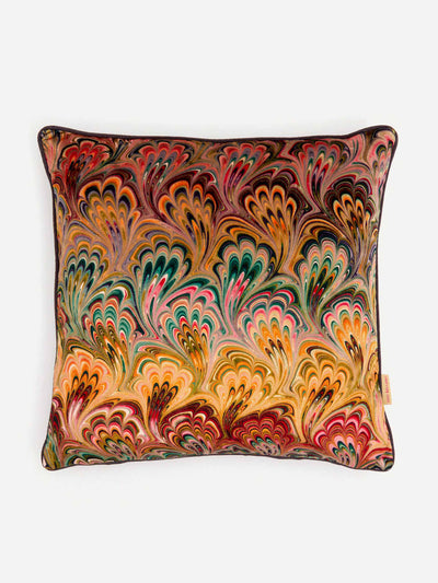 Susi Bellamy Peacock bouquet marbled velvet square cushion at Collagerie