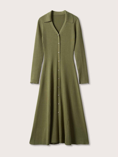 Mango Green button rib-knit dress at Collagerie