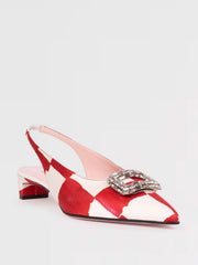 Sling-back Emilia Wickstead pointed kitten heels finished with a crystal buckle. The bright modern print will elevate any outfit. Collagerie.com